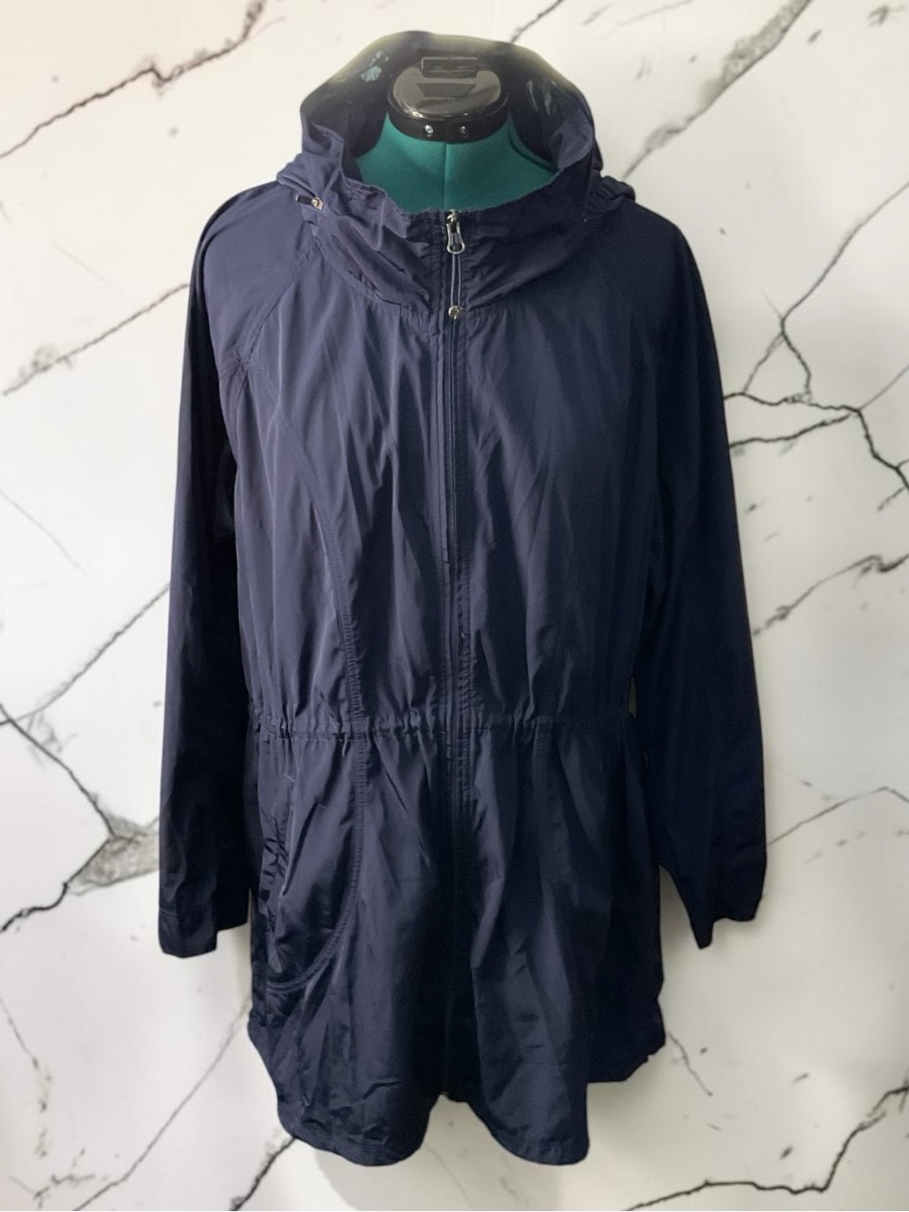 Athleta Navy Hooded Jacket w/ Drawstring Waist P:26” L:38” - Picture 2 of 7